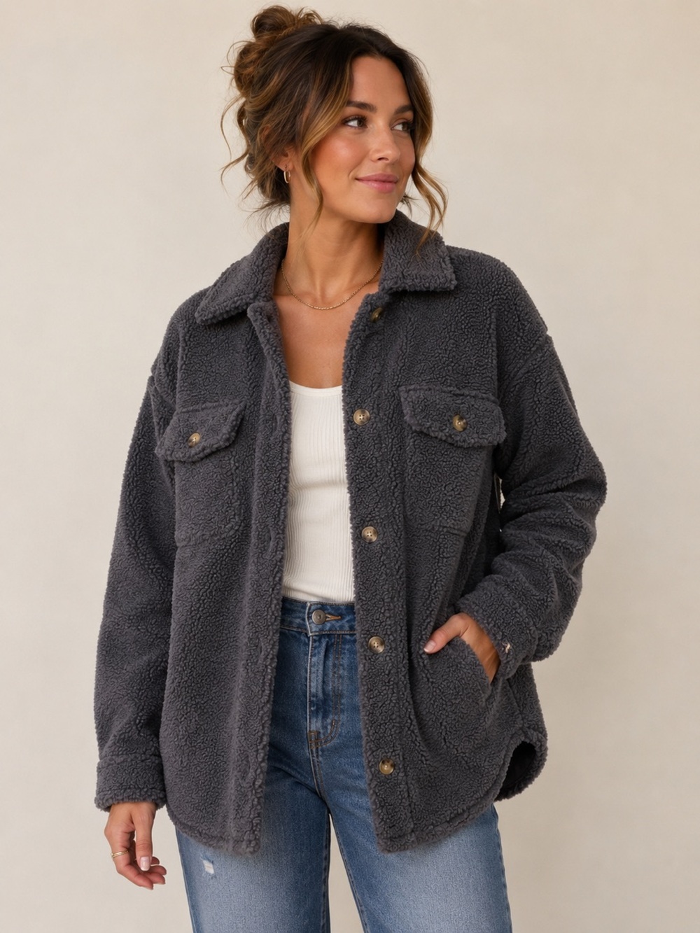 Treasure & Bond Gray Blue Teddy Sherpa Faux Shearling Shacket Jacket Small